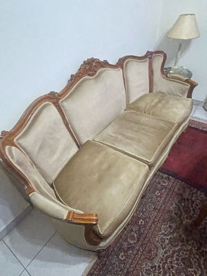 Vintage Luis Quinze living room set used from the ‘70s with sofa, tables, armchairs, and chairs