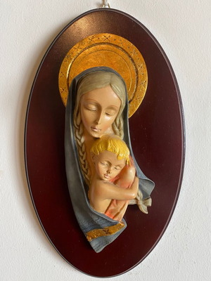 Vintage embossed Virgin Mary with Christ Child on oval wooden base