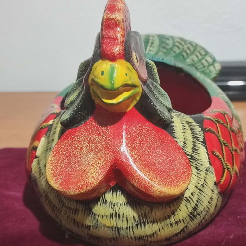 Ceramic handmade rooster used, decorative clay