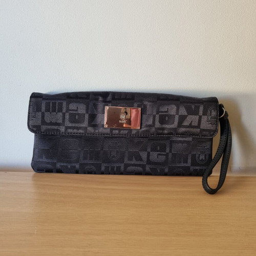 KEM evening clutch satin with genuine leather strap like new, black