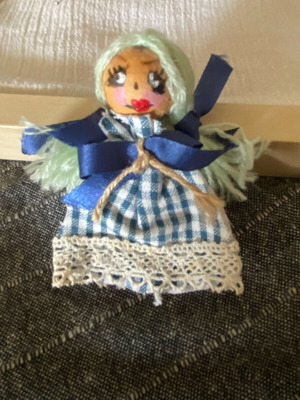 Doll brooch new with fabrics, height 8cm