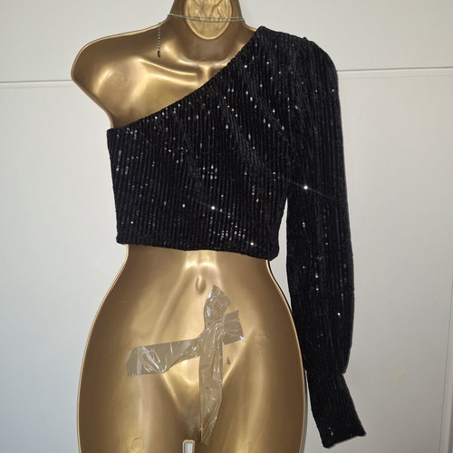 Lynne black velvet one shoulder crop sequin top size 40