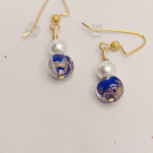 Handmade earrings with cobalt Murano glass beads and white pearls gold plated new