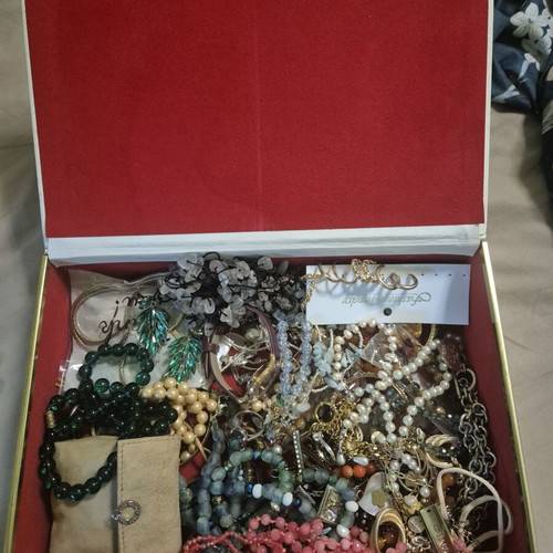 Jewelry box used with vintage pieces, colorful and blue