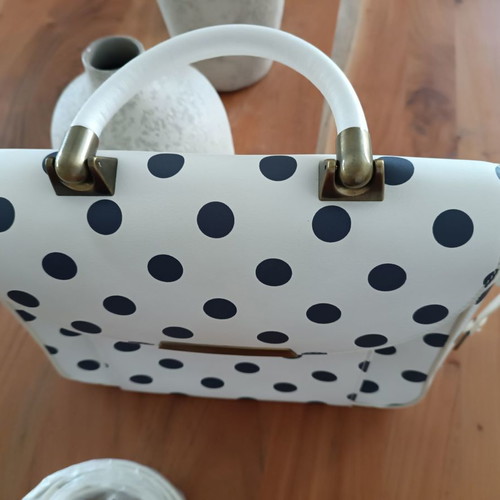 Carpisa crossbody and handheld bag new, white with gray-blue polka dots