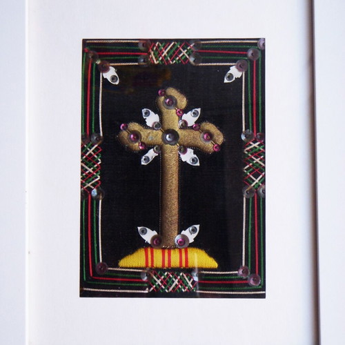 Vintage handmade embroidery Cross with gold thread and sequins in white frame