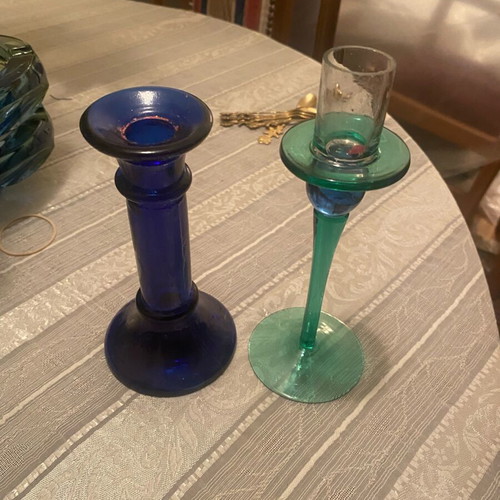 Vintage glass candlesticks used, set of two, one Cobalt Blue