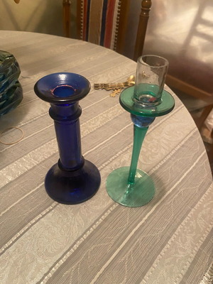 Vintage glass candlesticks used, set of two, one Cobalt Blue