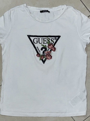 Guess Women T-Shirt white with glitter triangle logo and floral embroidery size S like new
