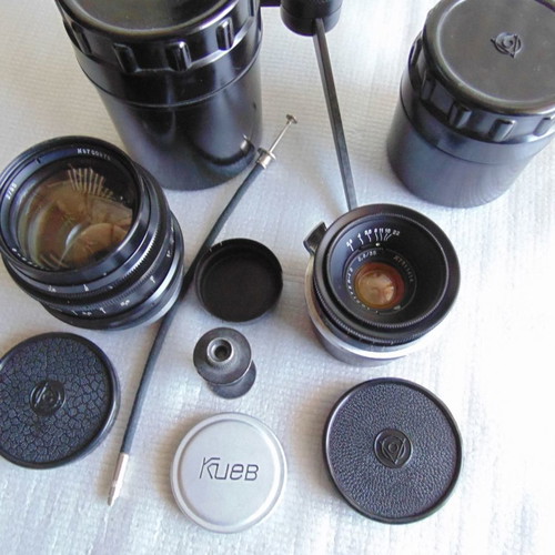 Kiev 3A 1956 camera used with 3 lenses and accessories