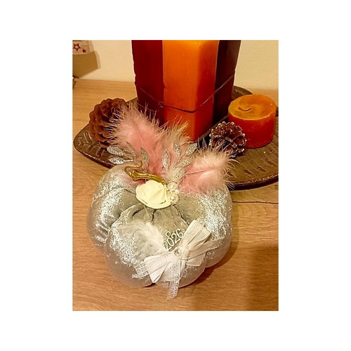 Handmade Large Velvet Pumpkin Lucky Charm 2026 in Silver Metallic Color