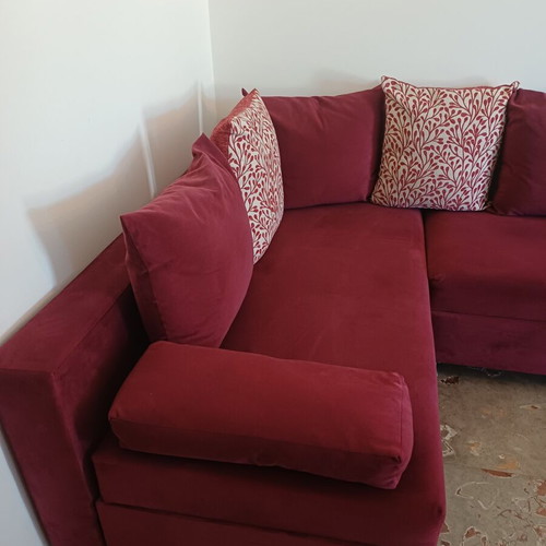 Corner sofa bed like new, burgundy with storage and cushions