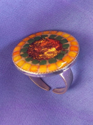 Silver ring used with mosaic tiles and gold leaf one size
