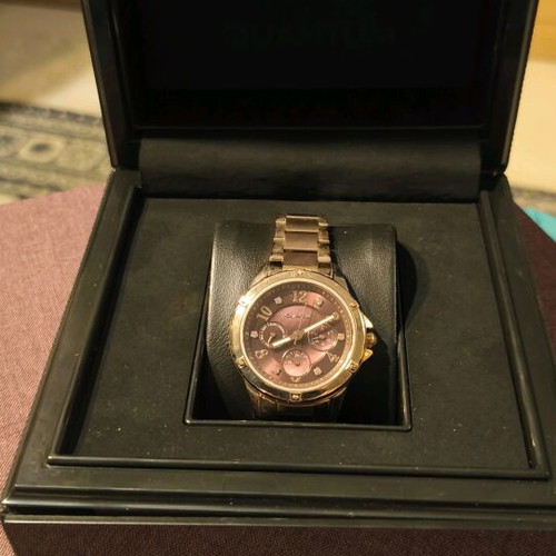 Quantum wristwatch new, brown and gold with bronze bracelet and Swarovski crystals