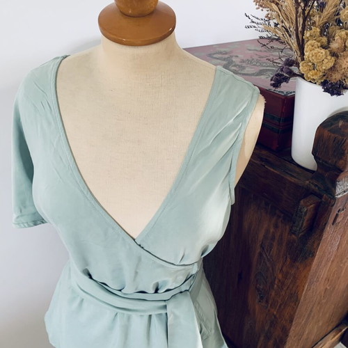 Ioanna Kourbela wrap blouse new, size S, aqua color with stain