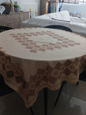 Handmade embroidered cutwork tablecloth beige cotton 160x160 cm new