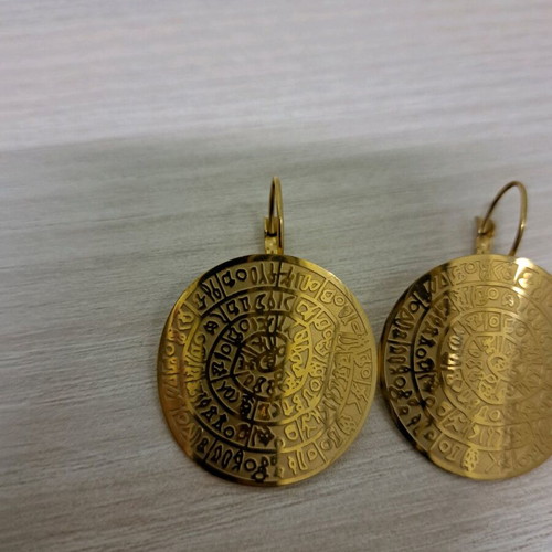 Steel earrings new, gold-colored Phaistos disc design