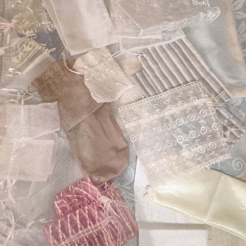 Set of 35 Pouches and Fabrics for Wedding Favors and Crafts like new