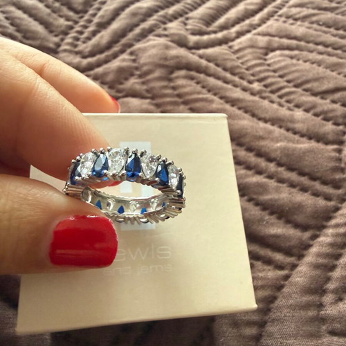Silver full band ring with blue and white zircons, new