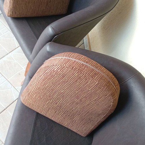 2 Leather Armchairs Brown With Striped Cushions Like New