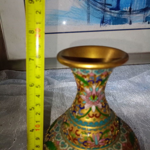 Vintage Cloisonne vase with gilded base and floral enamel design