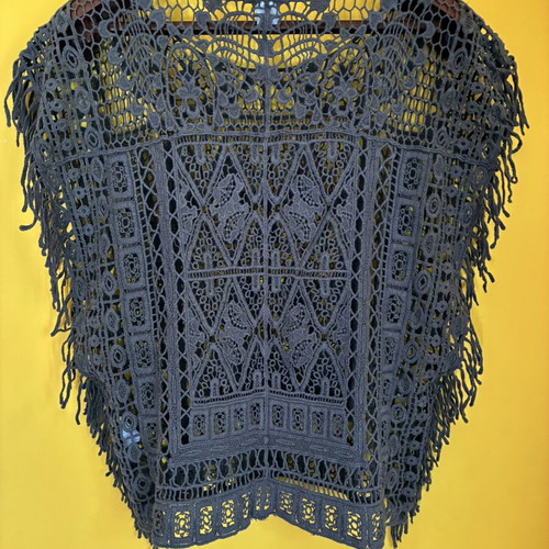 Boho Crochet Fringe Poncho Top, Khaki Lace Open Knit Tunic, Size S M