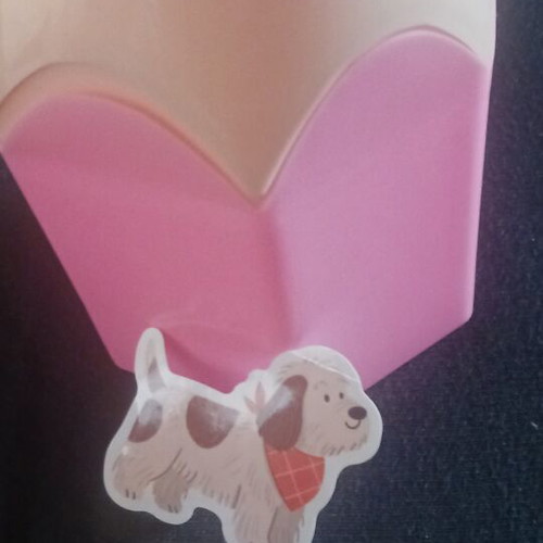 Pencil holder pink with beige plastic and dog sticker new