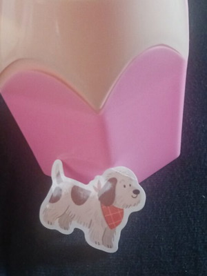 Pencil holder pink with beige plastic and dog sticker new