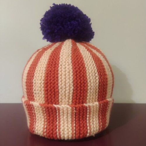Beanie hand-knitted with stripes and pompom, new, beige multicolor