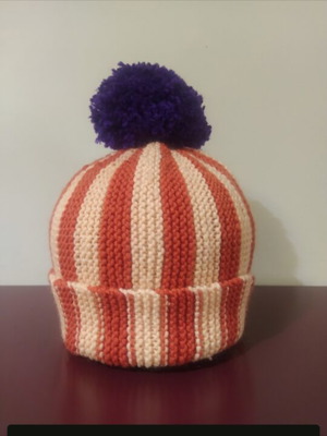 Beanie hand-knitted with stripes and pompom, new, beige multicolor