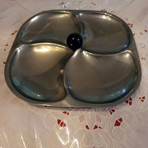 Vintage metal bowl snack tray with 4 compartments, used