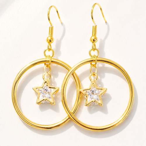 Handmade Golden Stars Earrings luxury hoops with sparkling zircon