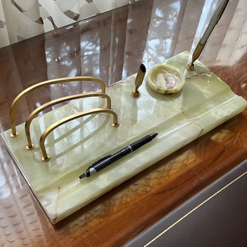 Alabaster desk organizer used in beige and green