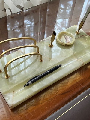 Alabaster desk organizer used in beige and green