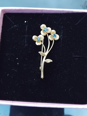 Vintage gold brooch 80s with turquoise rhinestones like new