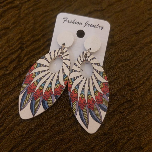 Wooden boho earrings with ethnic design like new, colorful