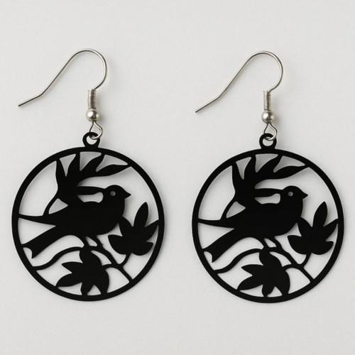 Earrings with sparrow and leaf design, new, black metal