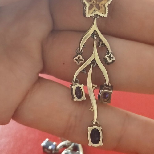 925 Silver and 9k Gold Earrings with Tanzanite and Old-Cut Diamonds, 7 cm