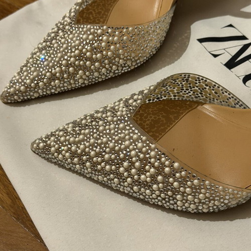 Zara pearl and rhinestone slingback pumps, size 38, nude camel