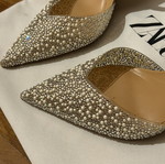 Zara pearl and rhinestone slingback pumps, size 38, nude camel