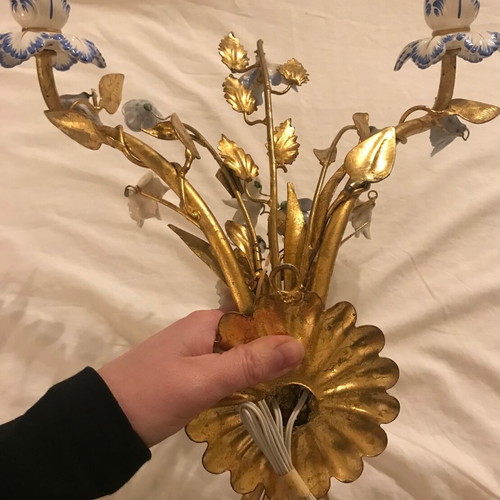 Antique wall lights used, set of 2 with porcelain flowers