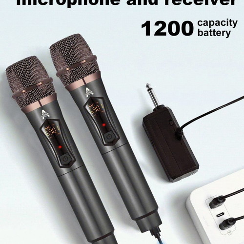 UHF Wireless Microphones with Receiver, 2 Pieces, New, Rechargeable