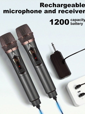 UHF Wireless Microphones with Receiver, 2 Pieces, New, Rechargeable