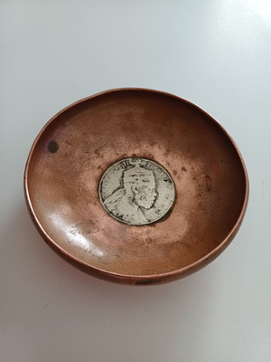 Collectible copper bowl with silver 1 Birr coin Ethiopia used