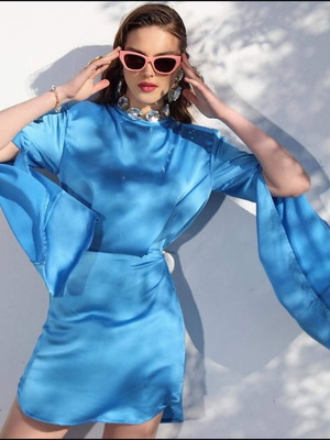Nazezhda mini dress blue like new, satin with sleeve slit
