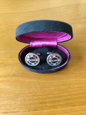 Sonia Spencer inox cufflinks with $500 symbol in purple, new
