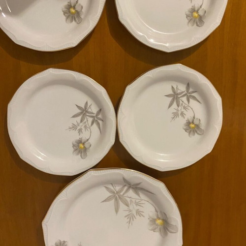 Set of 4 small plates and 1 large vintage plate used with gold detail
