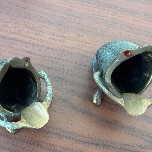 Set of 2 used brass or bronze ashtrays with patina