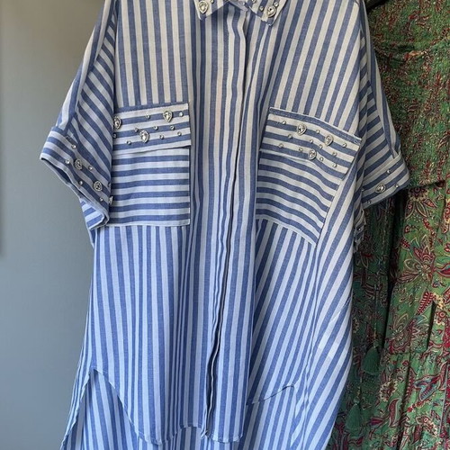 Women's blouse white and blue striped with rhinestones plus size, like new