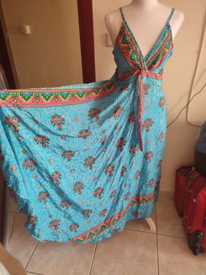 Summer maxi dress like new, pink and turquoise, synthetic material